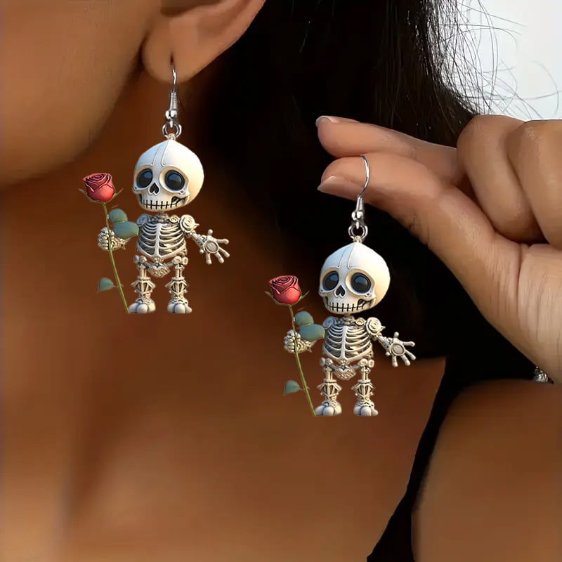💀Skeleton with Rose Dangle Earrings