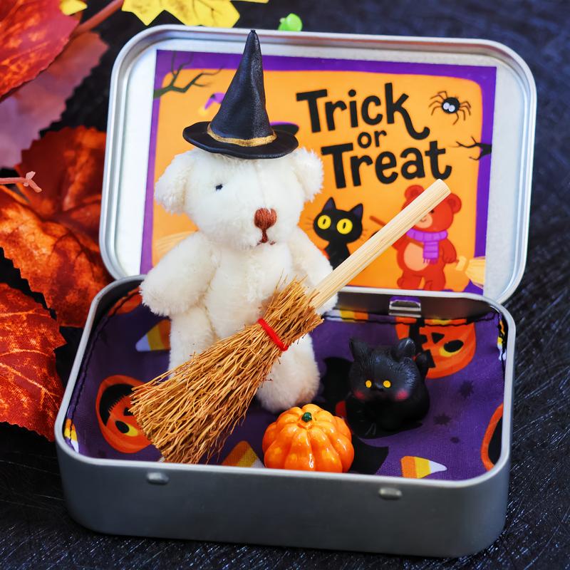 🎃🧸Cute Halloween Teddy Bear in a Box with wizard hat, Blanket, Broom, Pumpkin & Cat🌟👻